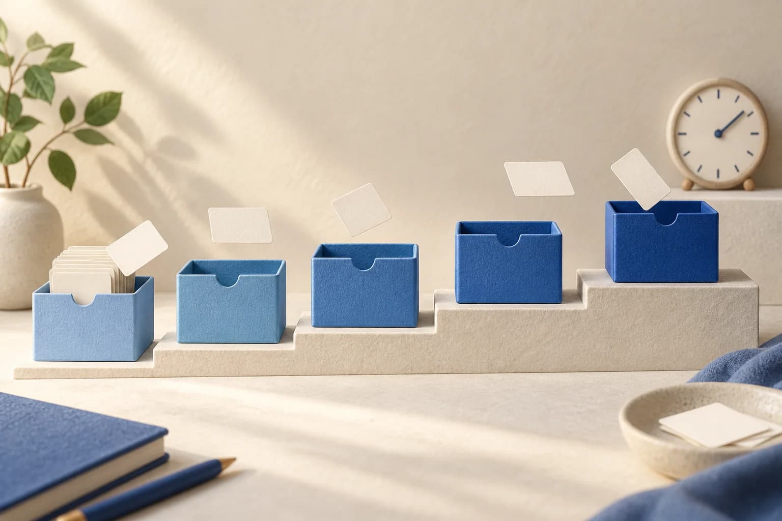 Study cards arranged across five boxes for reviews over time
