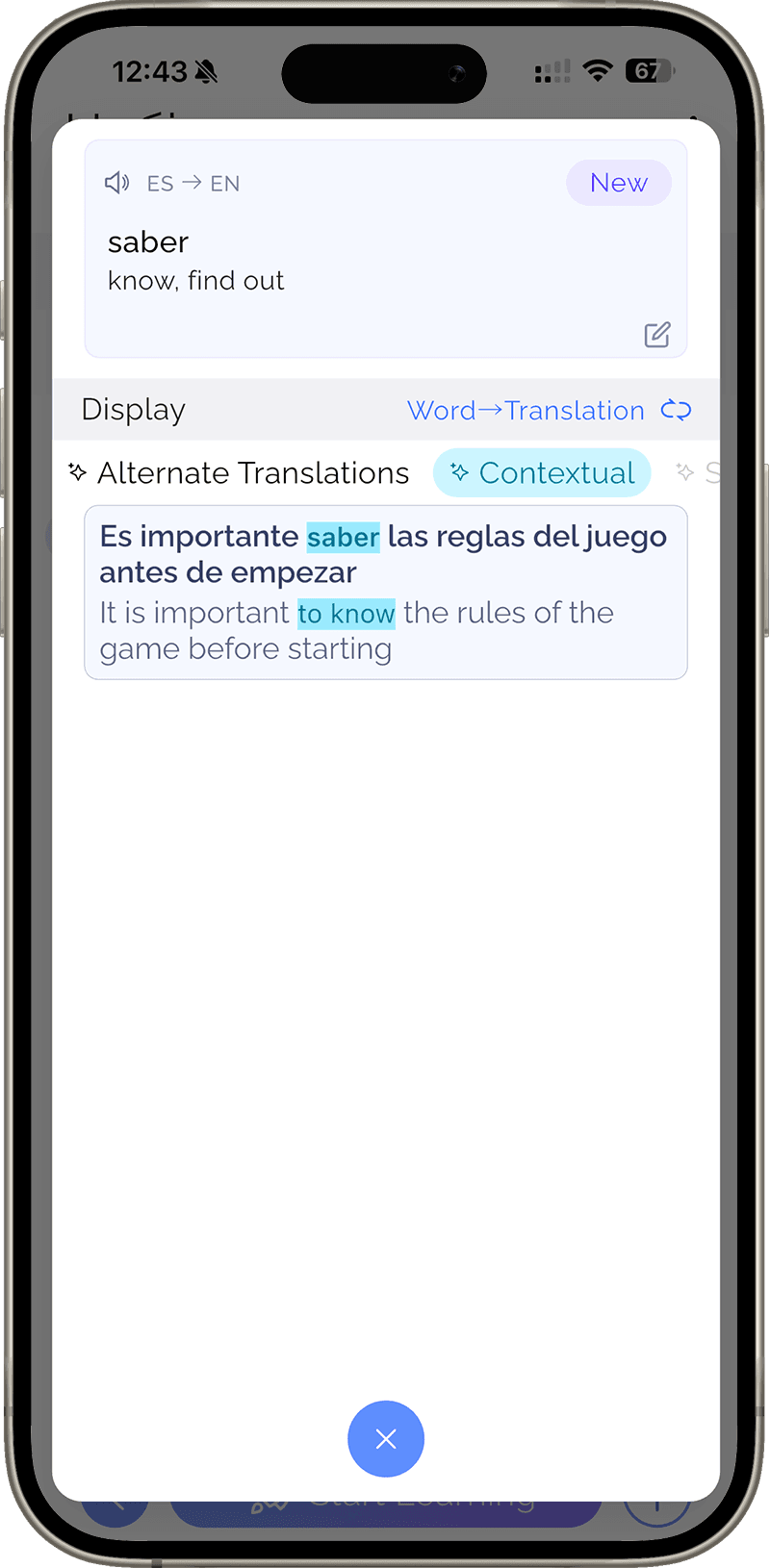WordPlus Contextual examples and alternate translations