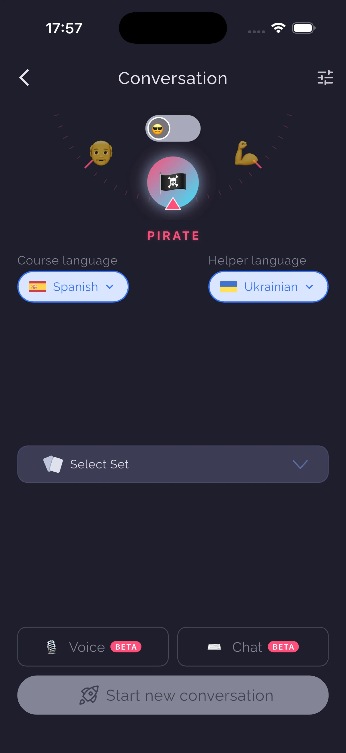 WordPlus conversation setup with a set selector and beta voice and chat modes