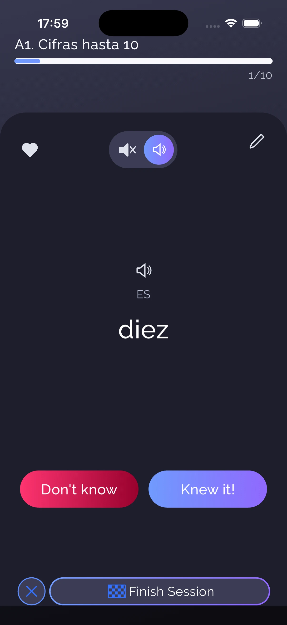 WordPlus flashcard study with the Spanish word diez