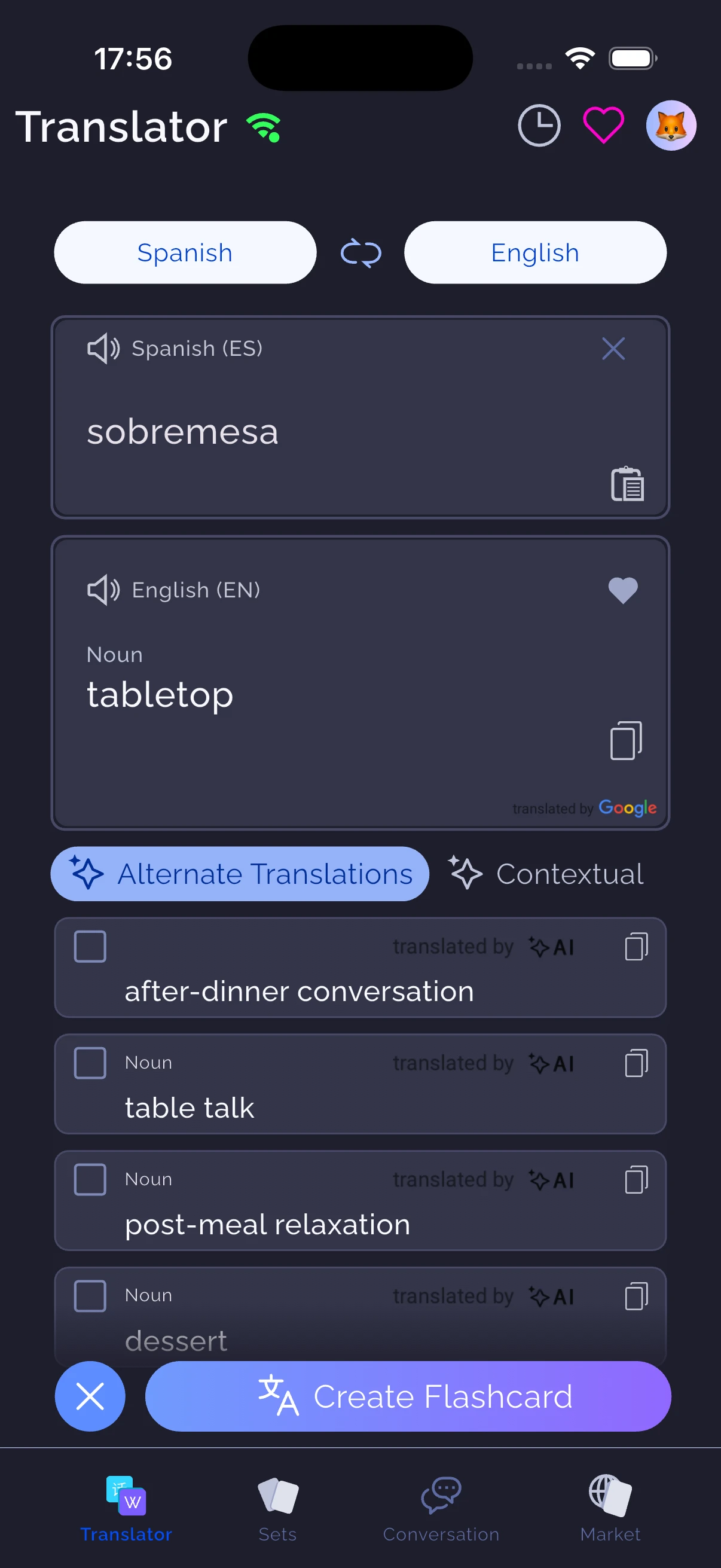 Sobremesa translated in WordPlus with tabletop and after-dinner conversation among the suggestions