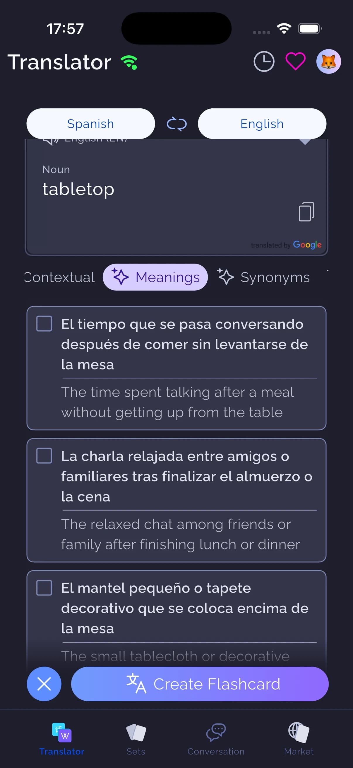 WordPlus showing Spanish explanations and English meanings for sobremesa